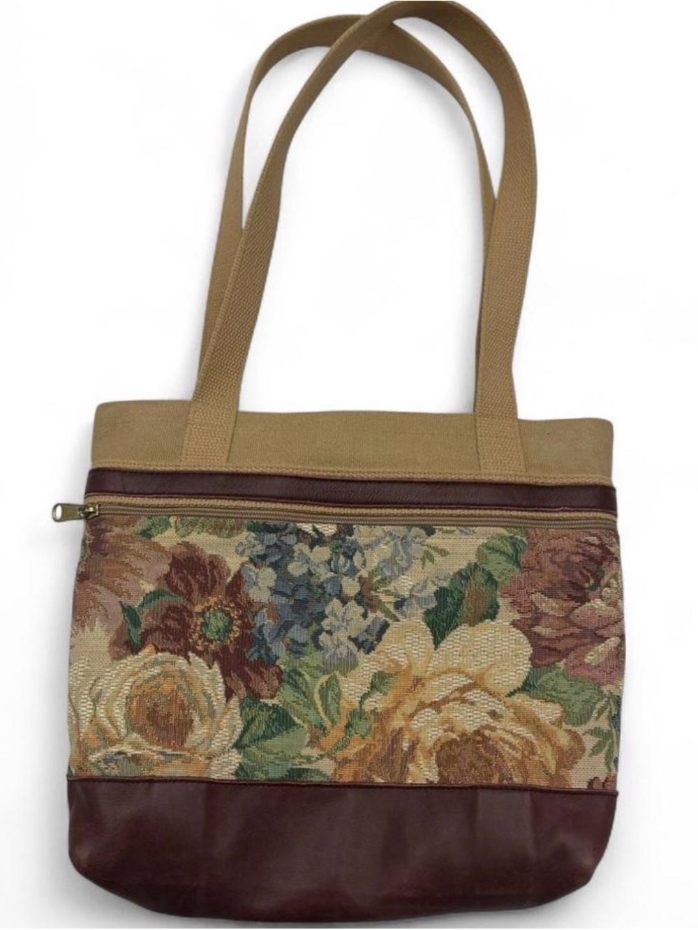 American Vintage Floral Tapestry Tote in Brown and Tan